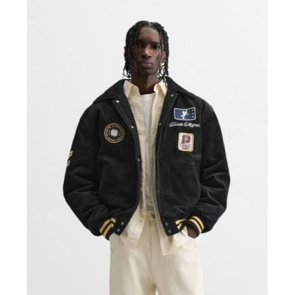 Zara Mens Combination Patches Embroidered Corduroy Varsity Jacket Black Sz L - Picture 1 of 11